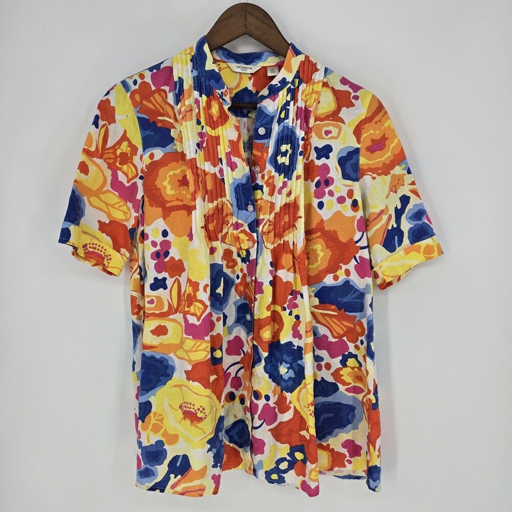 Liz Claiborne Linen Floral Maximalist Button Front Blouse Small